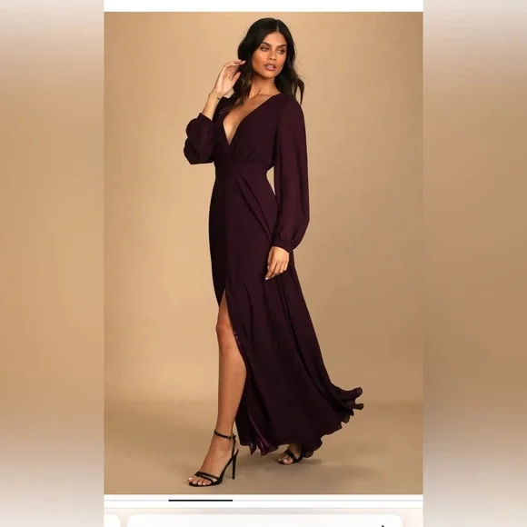 fitted lace wedding dress Vin Chaud Dark Purple Velvet Long-Sleeved Split Maxi Dress – Club L London main image 0